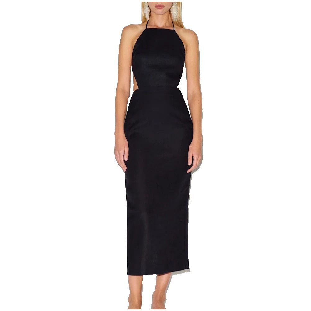 Reformation Trista Dress Size 6 Black Viscose Halter Backless Lightweight Slit